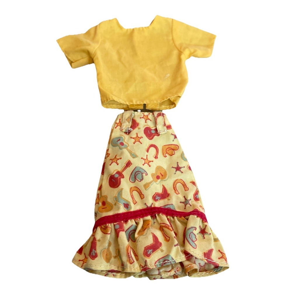 Vintage Barbie Outfit Western Skirt & Top Yellow Guitar Boots Hat‎ Badge